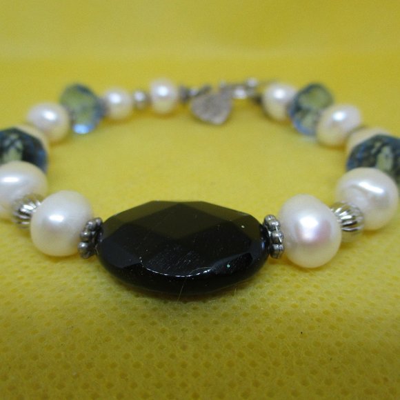 Genuine FRESH WATER PEARL Blue Faceted Crystal Bracelet Large Black Faceted Bead - Picture 6 of 13